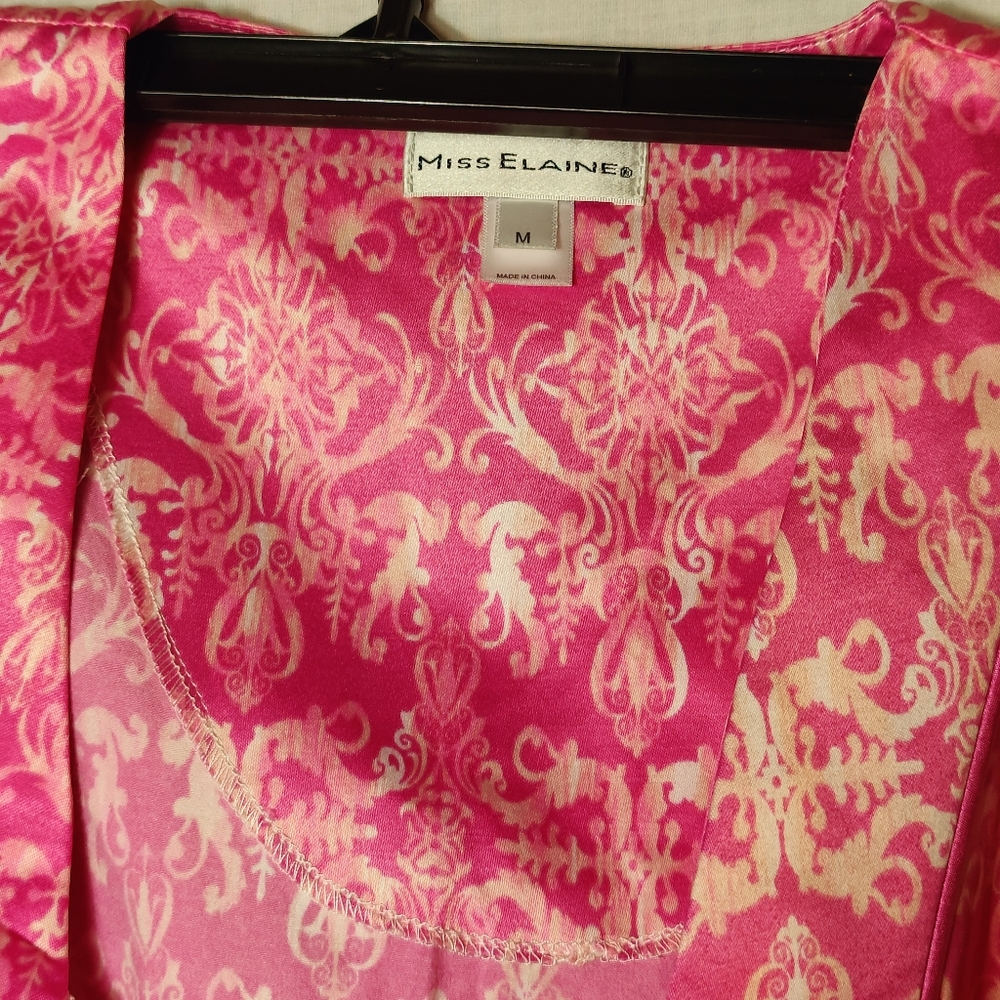 Miss Elaine Pink Satin Damask Robe M Full Zip Tassel Pockets Soft Lounge - Picture 13 of 15